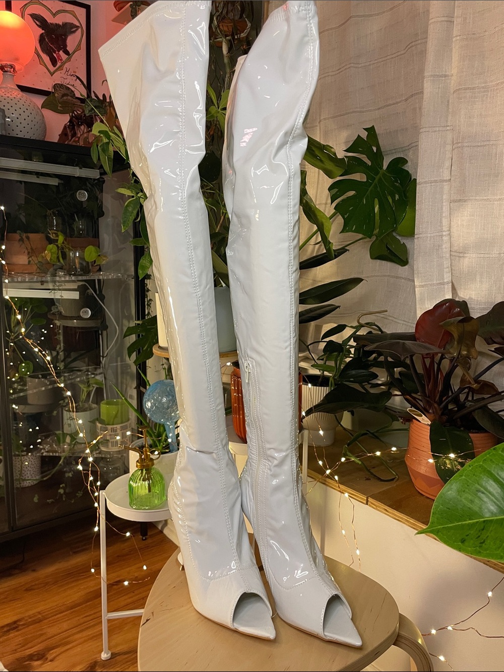 Thigh high peep toe boots